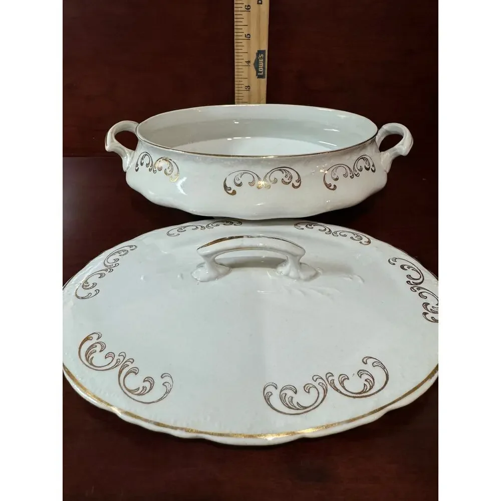 Vintage Semi-Vitreous Porcelain Oval Serving Dish Tureen With Lid & Handles